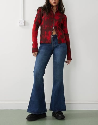 Monki Katsumi low waist boot cut flare jeans in dark ocean blue wash