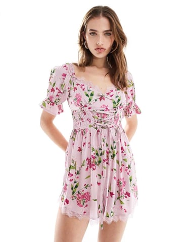 ASOS DESIGN corset waist milkmaid playsuit in pink floral