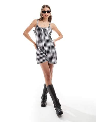 ASOS DESIGN gingham godet playsuit in mono