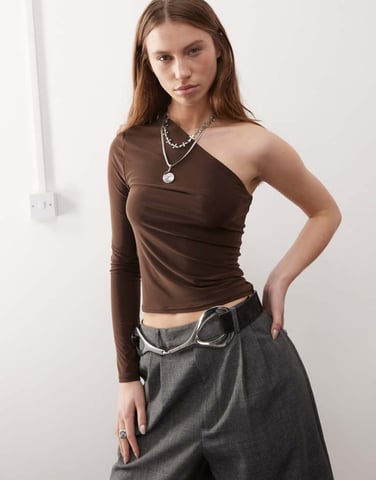 COLLUSION one shoulder top in brown