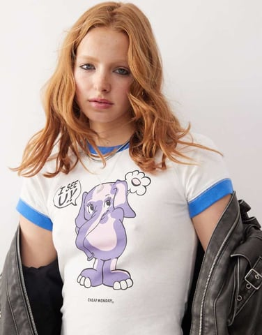 Cheap Monday shrunken raglan baby tee with elephant graphic print in off-white