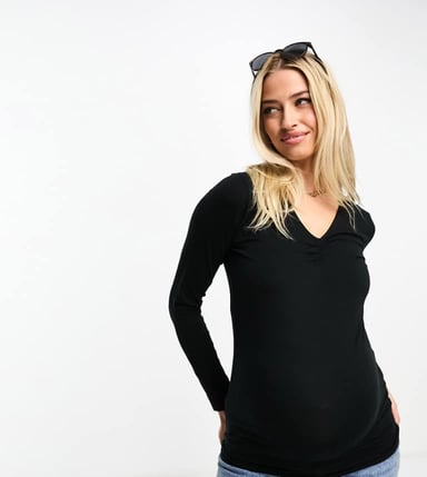 Mamalicious Maternity long sleeve v-neck top in black