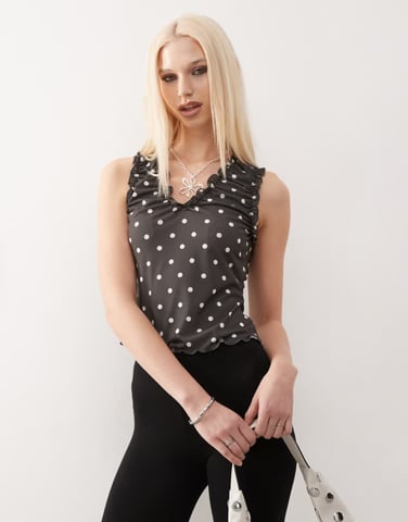 COLLUSION ruched v neck top in monochrome polka dot