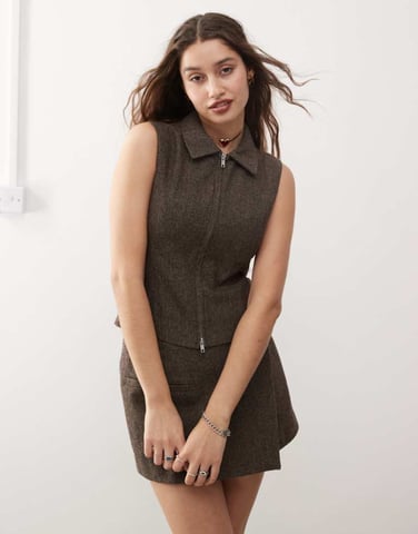 Weekday Karin co-ord zip through vest in brown herringbone