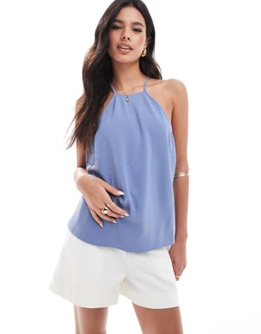 ASOS DESIGN cupro halter neck cami with strappy back in icy blue