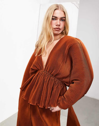 ASOS EDITION plisse volume sleeve plunge neck top in rust