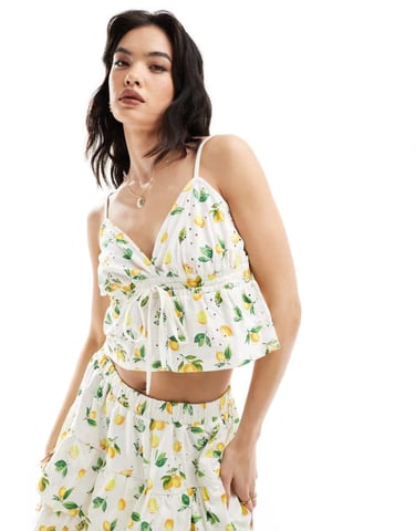 ASOS DESIGN broderie babydoll cami top co-ord in lemon print