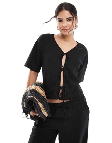JDY linen mix tie front top co-ord in black