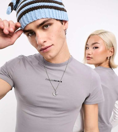 COLLUSION Unisex slim fit logo t-shirt in grey