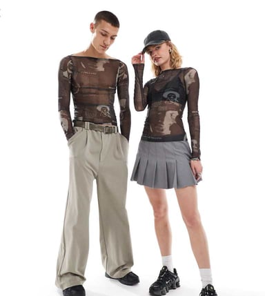 Weekday Unisex sheer mesh long sleeve boatneck top in black newspaper print exclusive at ASOS