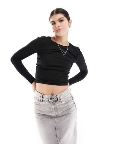Cotton On rib crew long sleeve top in black