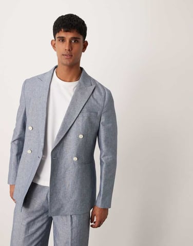 ASOS DESIGN linen double breasted regular suit jacket with stripes in indigo