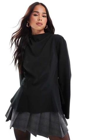 ASOS DESIGN waisted peplum top with flare sleeves in black