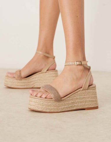 Glamorous espadilles platform heeled sandals in gold diamante