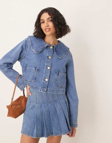 ASOS DESIGN denim jacket with round collar in mid blue co-ord