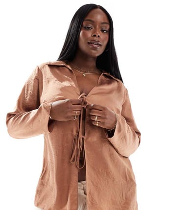 ASOS DESIGN Curve crinkle tie front long line top in rust