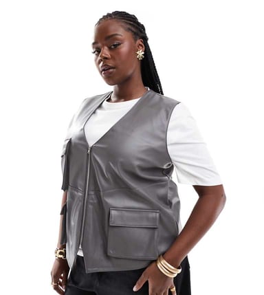 ASOS DESIGN Curve leather look utility pocket detail vest in grey