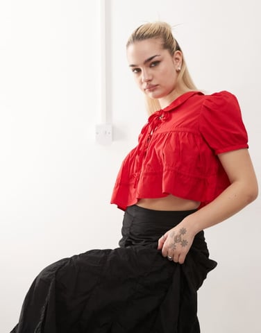 Monki cotton poplin peplum tie shirt top with collar and front tie up detail in red