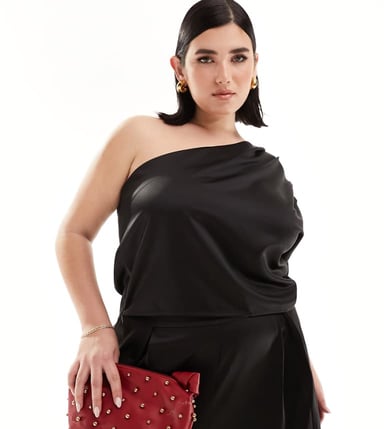 ASOS DESIGN Curve satin one shoulder top co-ord in black