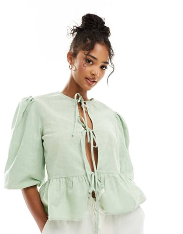 ASOS DESIGN linneblandning knytframs peplum blus i grön