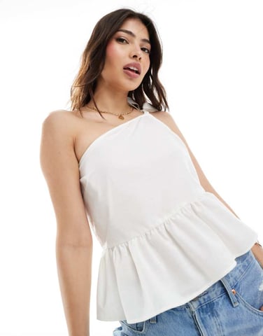 ASOS DESIGN functional one shoulder tie top in ivory