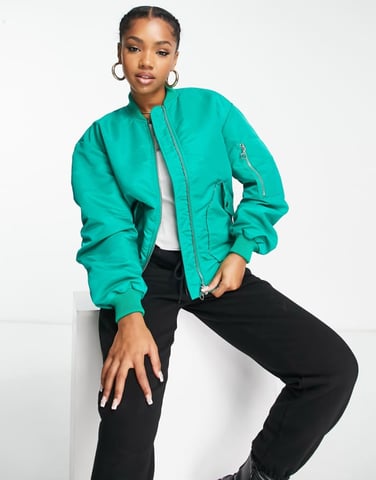 Miss Selfridge ruched sleeve bomber jacket bright green