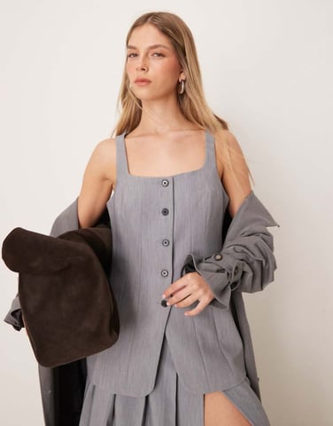ASOS DESIGN crosshatch corset waistcoat co-ord in grey