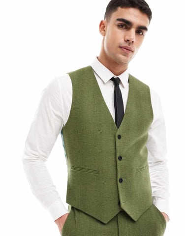 ASOS DESIGN wedding skinny wool mix suit waistcoat in khaki herringbone