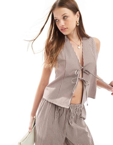 ASOS DESIGN tie front waistcoat in brown gingham