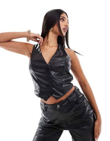 ASOS DESIGN leather look waistcoat in black