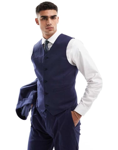 ASOS DESIGN slim with linen suit waistcoat in navy
