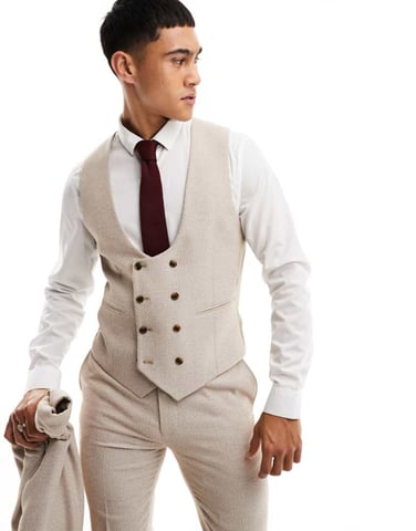 ASOS DESIGN skinny suit waistcoat in stone basketweave