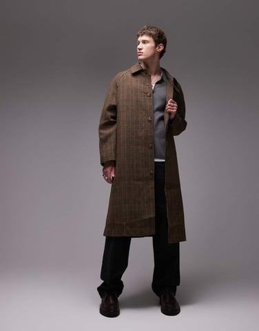 Topman wool check car coat in brown