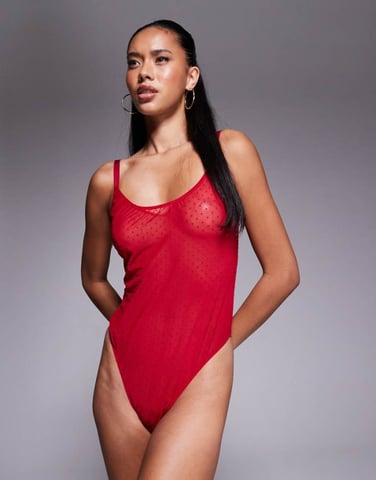 ASOS DESIGN Lara spot mesh & lace soft body in red