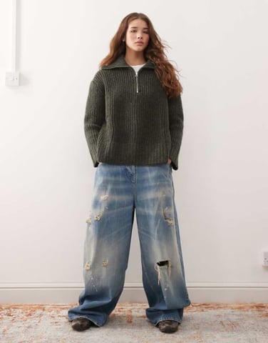 Weekday Cillia half zip jumper in dark green melange
