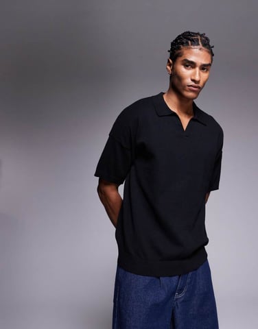 ASOS DESIGN relaxed knitted midweight cotton notch neck polo in black