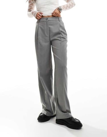 Monki high waist tailored trousers in grey with white pinstripe