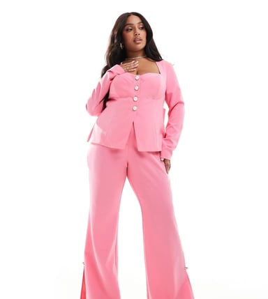 ASOS LUXE Curve co-ord slim fit tailored trouser with embellished button detail in pink