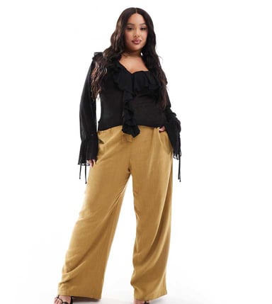 ASOS DESIGN Curve tailored high waist seam detail wide leg linen trousers in olive