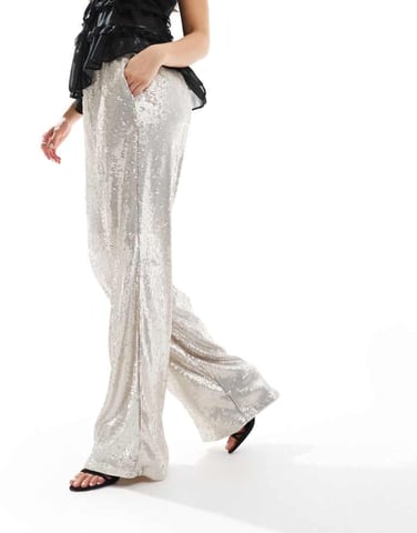 ASOS DESIGN sequin wide leg tailored trouser in cream