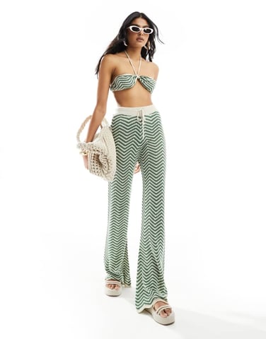 ASOS DESIGN stickad strandbyxa co-ord i grönrandig