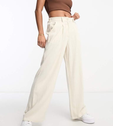 ASOS DESIGN Petite wide leg dad trousers with linen in stone
