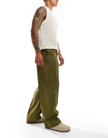 ASOS DESIGN pull on smart wide leg trousers in green
