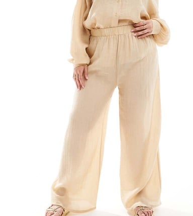 In The Style Plus crinkle wide leg trousers co-ord in camel