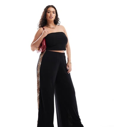 Yours wide leg trouser with leopard detail in black
