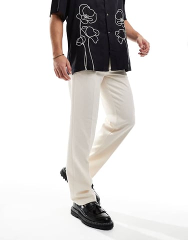 ASOS DESIGN smart straight leg textured trousers in stone
