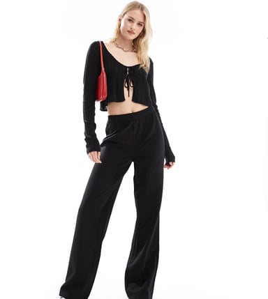Pieces Tall linen touch wide leg trouser in black