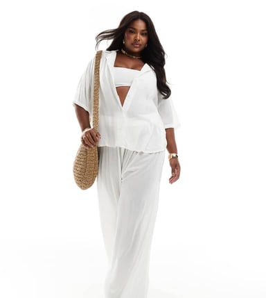 ASOS DESIGN Curve crinkle co-ord wide leg beach trouser in white