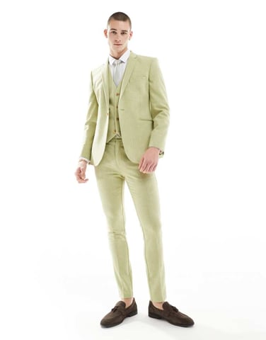 ASOS DESIGN wedding skinny wool mix suit trouser in olive basketweave texture