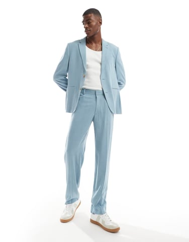 ASOS DESIGN straight leg summer suit trousers in light blue slub